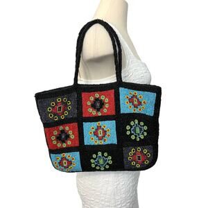Moyna Beaded Shoulder Bag Black Colorful Granny Square Bag